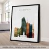 Art print featuring a stylized cityscape of Stockholm with various building silhouettes.