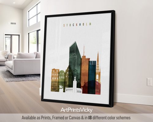 Art print featuring a stylized cityscape of Stockholm with various building silhouettes.