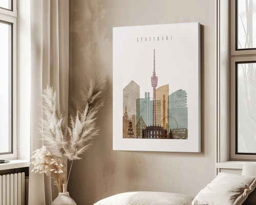Art print featuring a stylized cityscape of Stuttgart with notable buildings and structures.