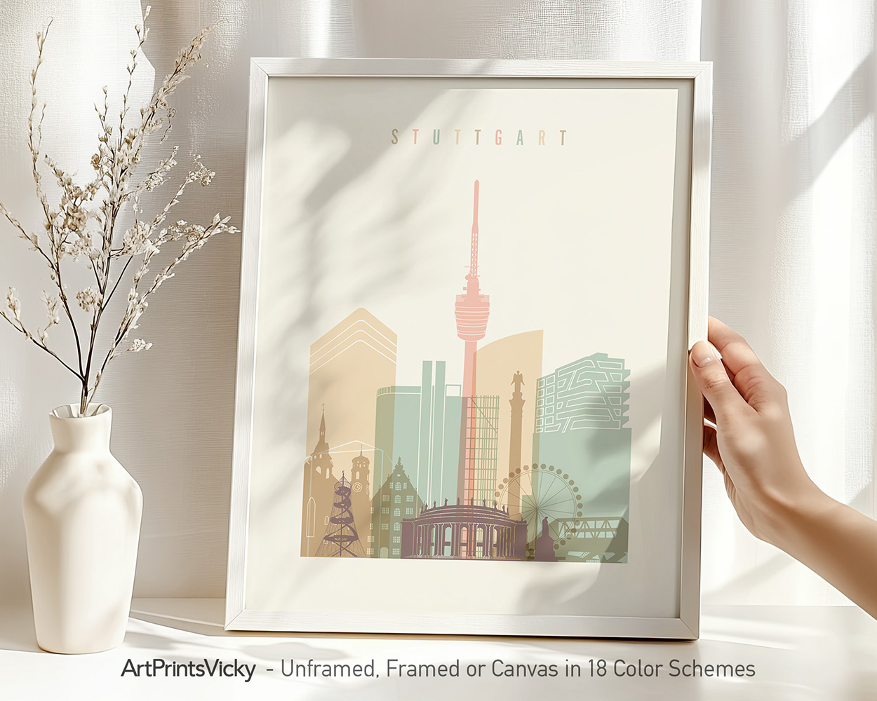 Illustration of Stuttgart city skyline featuring notable buildings and structures in soft colors.