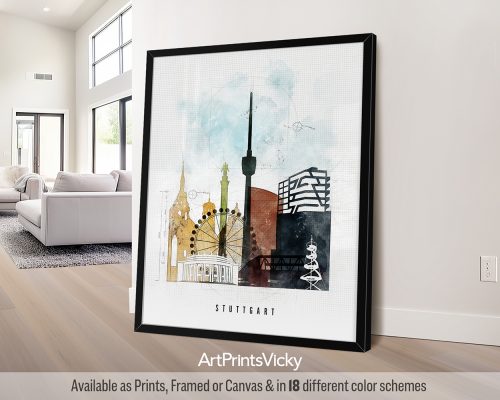 Art print featuring a stylized cityscape of Stuttgart with notable buildings and landmarks.