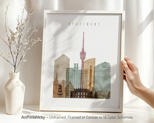 Art print featuring a stylized illustration of Stuttgart's skyline with various buildings and structures.