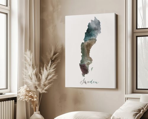 Watercolor map of Sweden featuring shades of blue, green, and brown with the name 'Sweden' at the bottom.