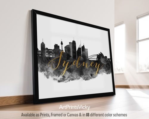 Framed art print of Sydney skyline with the word 'Sydney' in gold lettering.