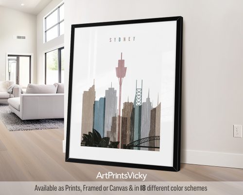 Framed artwork depicting a stylized cityscape of Sydney with notable landmarks.