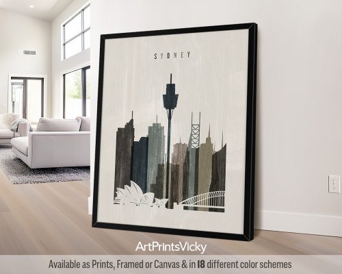 Framed print of a stylized cityscape featuring Sydney's skyline with notable landmarks.
