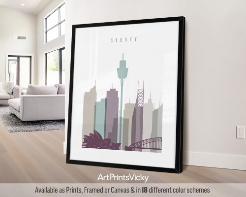 Art print of Sydney cityscape featuring iconic buildings and landmarks in muted colors.