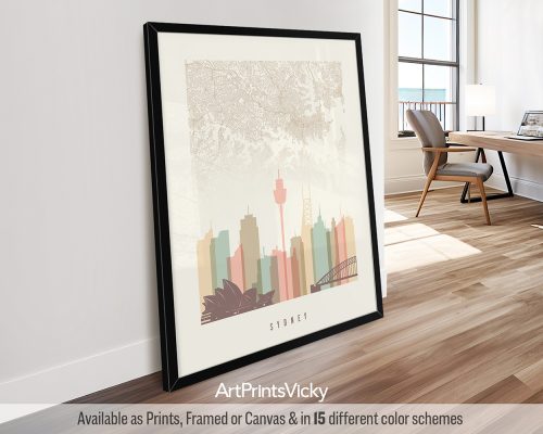 Art print of Sydney cityscape featuring buildings and the Sydney Tower in soft colors.