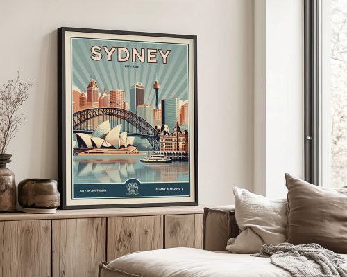 Retro art print of Sydney featuring the Sydney Opera House and Harbour Bridge with a city skyline.