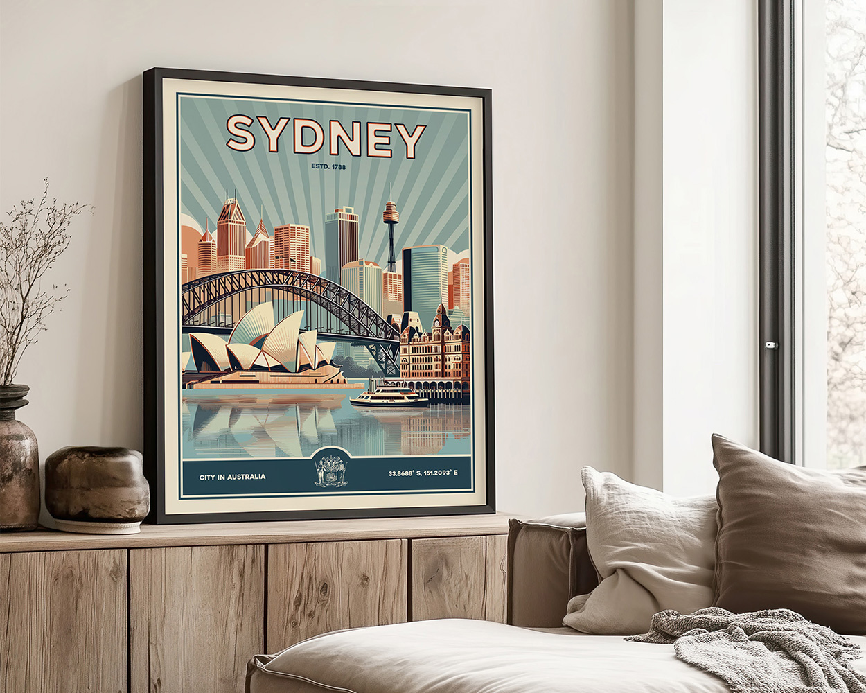 Retro art print of Sydney featuring the Sydney Opera House and Harbour Bridge with a city skyline.