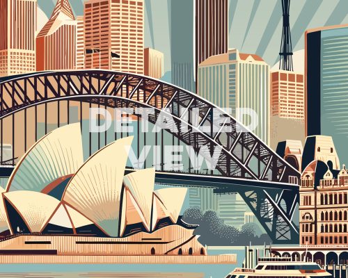 Illustration featuring the Sydney Opera House and Harbour Bridge with a city skyline in the background.