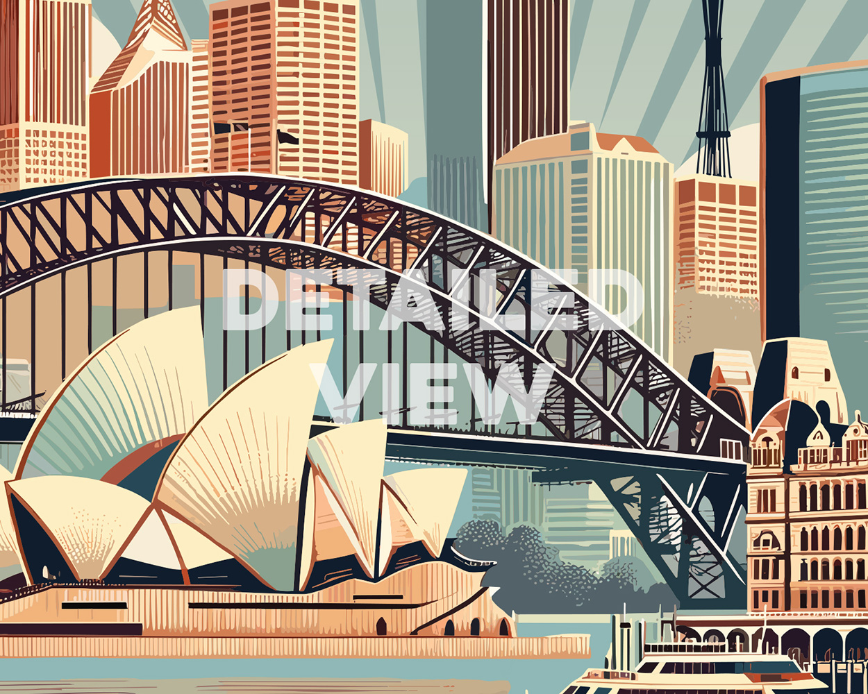 Illustration featuring the Sydney Opera House and Harbour Bridge with a city skyline in the background.