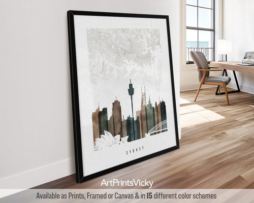 Artistic representation of Sydney's skyline featuring notable landmarks like the Sydney Opera House and the Sydney Tower.