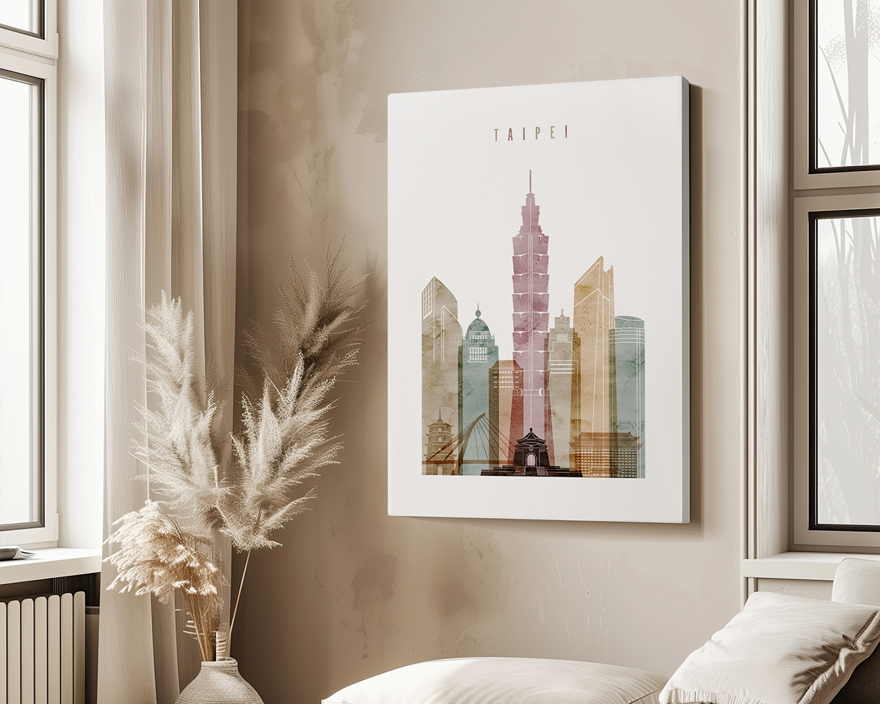 Art print featuring a stylized cityscape of Taipei with prominent buildings and a soft color palette.