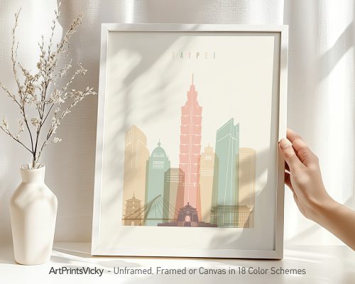 Art print of Taipei cityscape featuring prominent buildings and structures in soft colors.