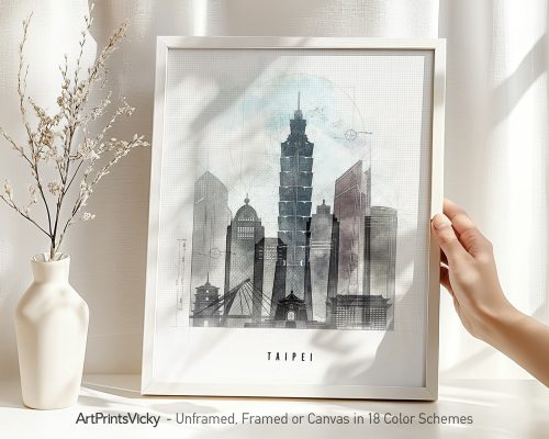Framed artwork depicting a watercolor illustration of Taipei's skyline with the Taipei 101 building.