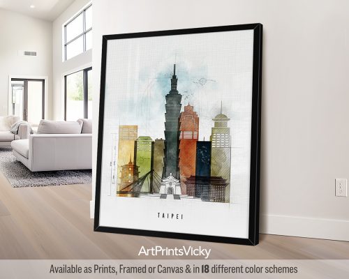 Art print of Taipei cityscape featuring prominent buildings and landmarks in a watercolor style.