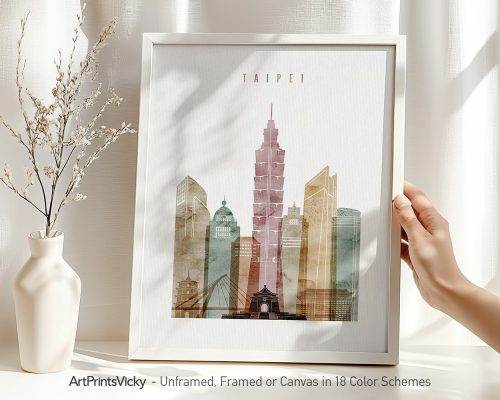 Art print of Taipei city skyline featuring various buildings and the Taipei 101 tower.