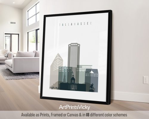 Framed print of a cityscape featuring Tallahassee's skyline in muted colors.