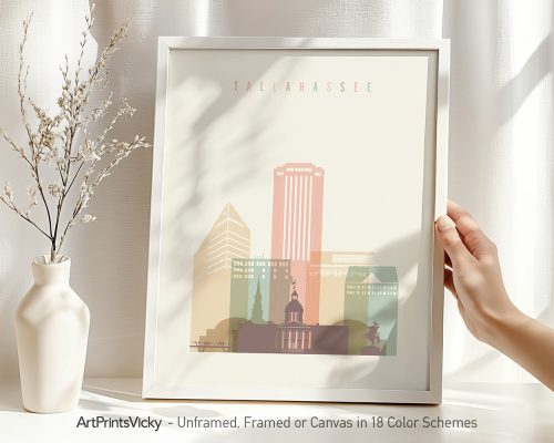 Art print of Tallahassee featuring stylized buildings and landmarks in soft colors.