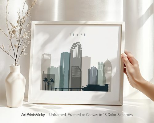 Art print of the Tampa city skyline featuring various buildings and structures.