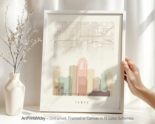 Art print of a map of Tampa featuring key landmarks and streets in a minimalist design.