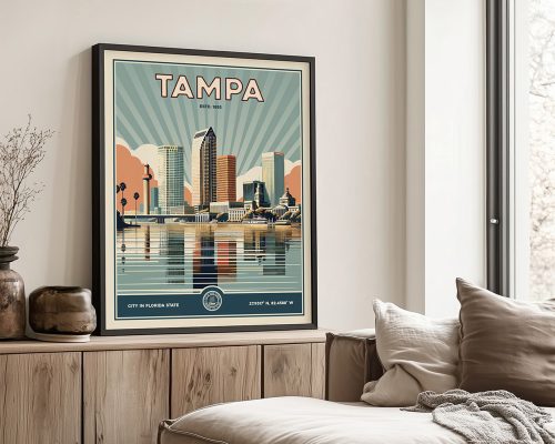 Retro-style poster of Tampa showcasing the city's skyline and waterfront in pastel colors.