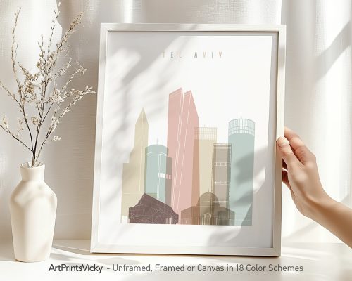 Art print of a stylized cityscape featuring buildings from Tel Aviv in pastel colors.