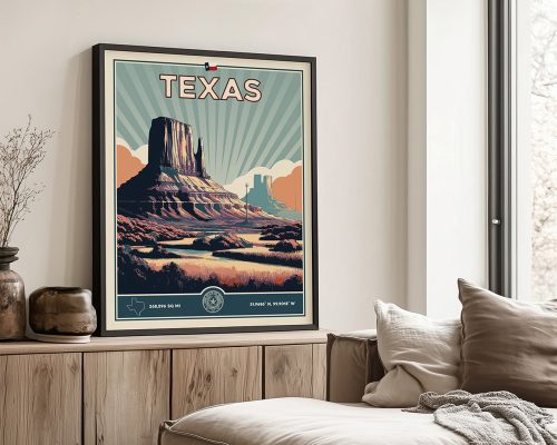 Framed retro-style poster featuring a landscape of Texas with mountains and a blue sky.