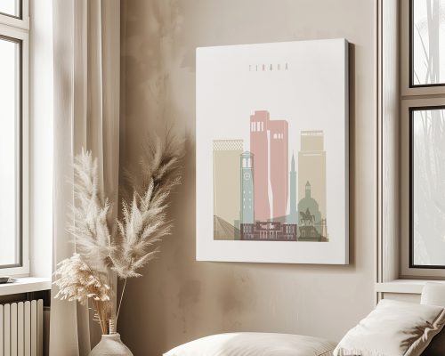Art print featuring a stylized cityscape of Tirana with various buildings and a clock tower.
