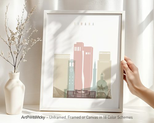 Art print of Tirana city skyline featuring buildings and landmarks in a minimalist style.