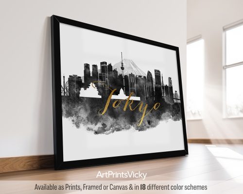 Art print featuring a black and white cityscape of Tokyo with gold text.