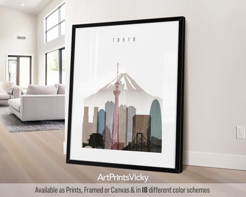 Framed artwork depicting a stylized cityscape of Tokyo with Mount Fuji and notable buildings.