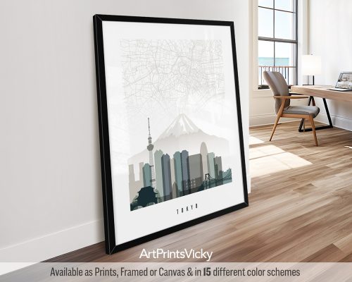 Art print featuring a stylized cityscape of Tokyo with Mount Fuji and skyscrapers.