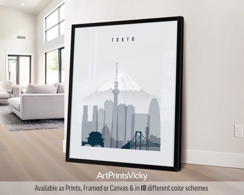 Art print featuring a stylized cityscape of Tokyo with Mount Fuji and iconic buildings.