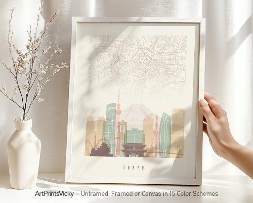 Art print of Tokyo city map featuring notable landmarks and a minimalist design.