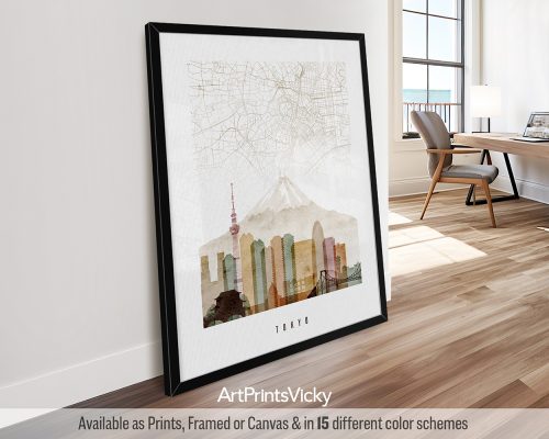 Artistic representation of a Tokyo city map featuring landmarks and Mount Fuji.