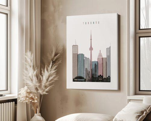Art print of Toronto skyline featuring various buildings and the CN Tower.