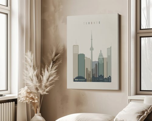 Stylized illustration of the Toronto skyline featuring notable buildings and the CN Tower.