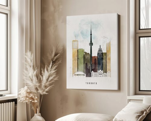 Art print featuring a stylized cityscape of Toronto with notable buildings and the CN Tower.