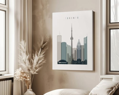 Art print of Toronto skyline featuring the CN Tower and various buildings in muted colors.