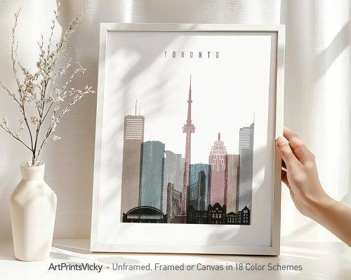 Framed cityscape print of Toronto featuring the CN Tower and skyline buildings.
