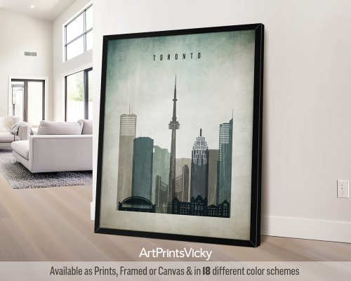 Art print of Toronto skyline featuring iconic buildings and the CN Tower in a minimalist design.