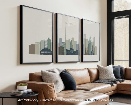 Three framed art prints depicting a stylized cityscape of Toronto with notable buildings.