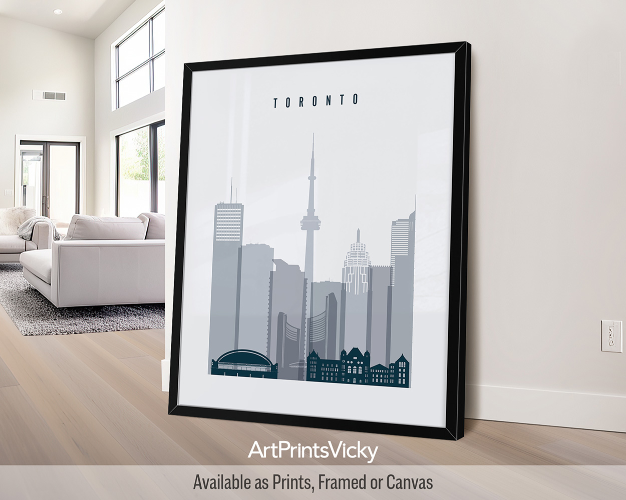 Framed print of a cityscape featuring Toronto's skyline with notable buildings.