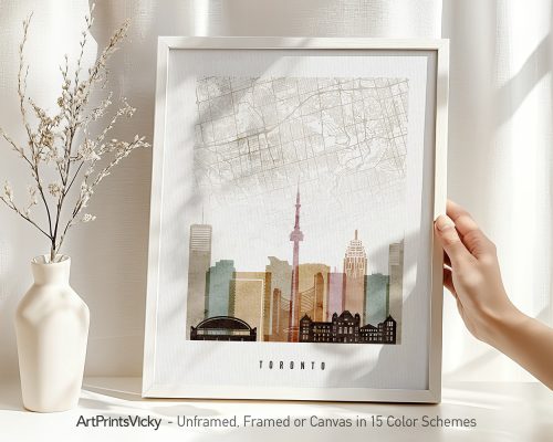 Art print of a map of Toronto featuring the CN Tower and skyline in muted colors.