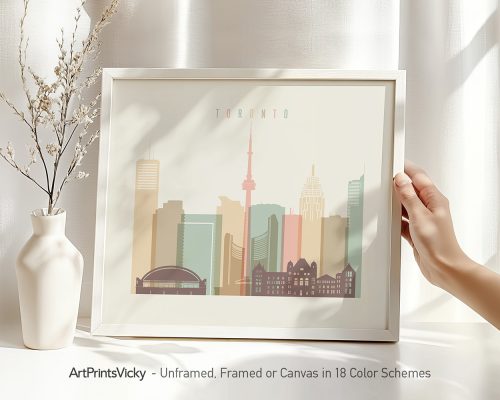 Framed artwork of a Toronto cityscape featuring notable buildings and the CN Tower.