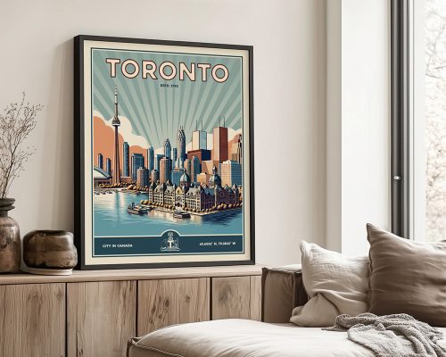 Retro-style poster of Toronto featuring the skyline and CN Tower in a framed display.