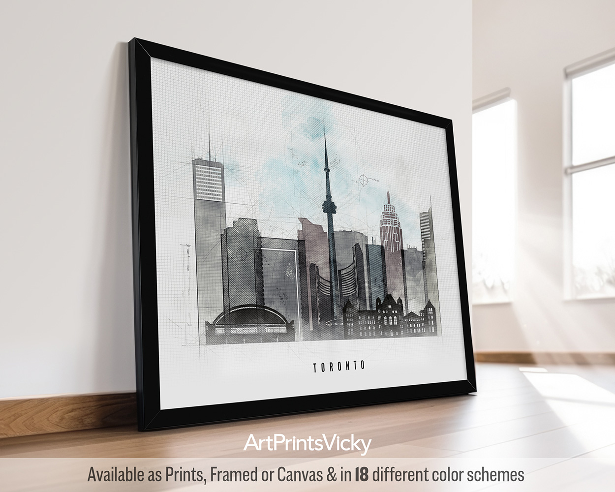 Framed artwork of Toronto skyline featuring the CN Tower and various buildings.