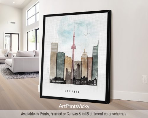 Art print featuring a stylized illustration of the Toronto skyline with the CN Tower.
